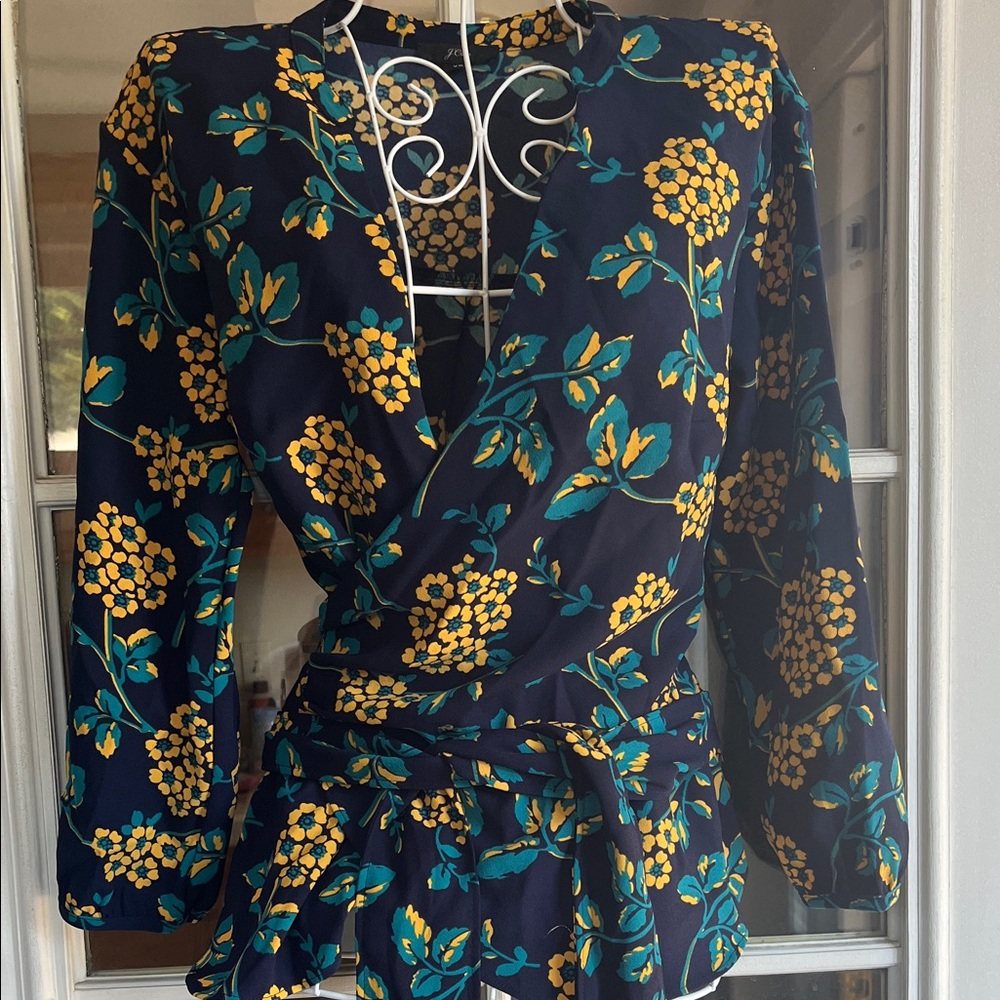 J. Crew Navy and Yellow Floral Wrap Blouse. Wrap V-neck